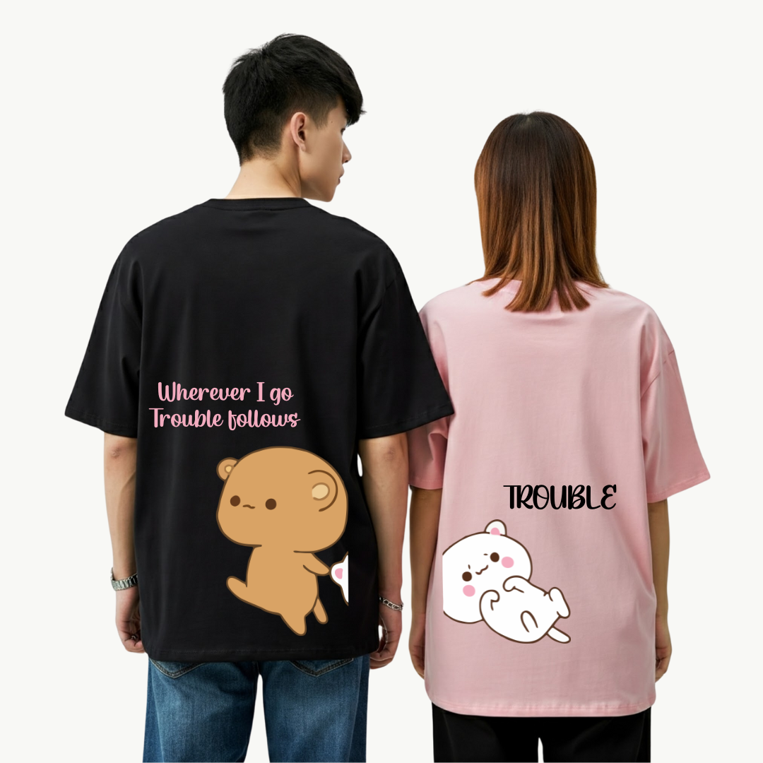2 Pack : Wherever I Go Trouble Follows Couple T-Shirt