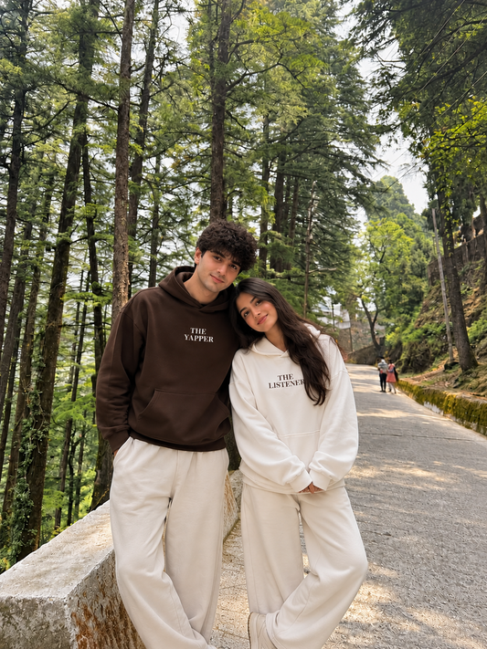Yapper and Listener Brown White Couple Hoodies