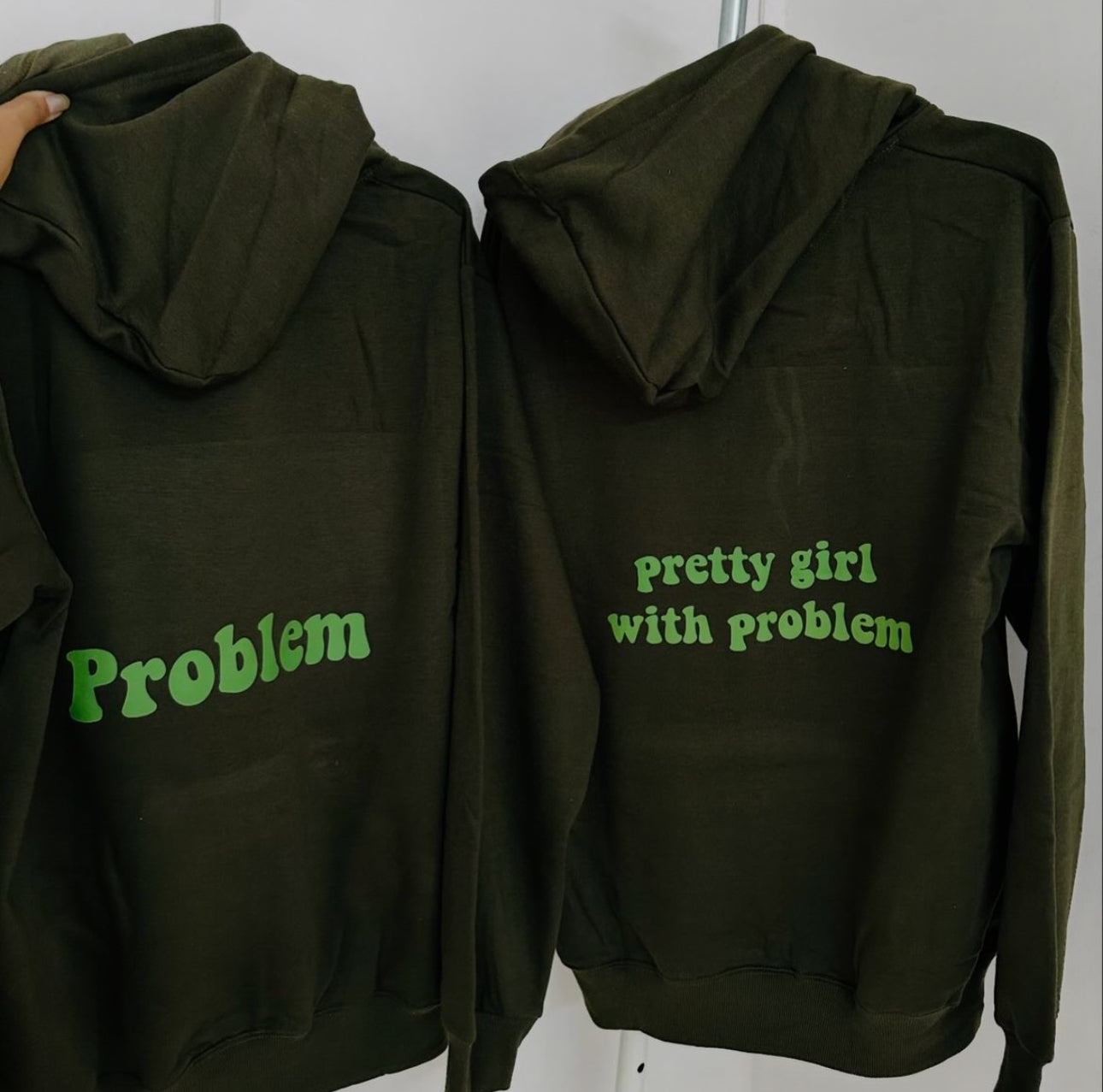2-Pack Pretty Girl with Problem Sage Green and Beige Couple Hoodies