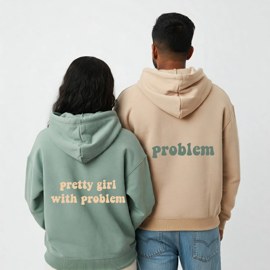 2-Pack Pretty Girl with Problem Sage Green and Beige Couple Hoodies