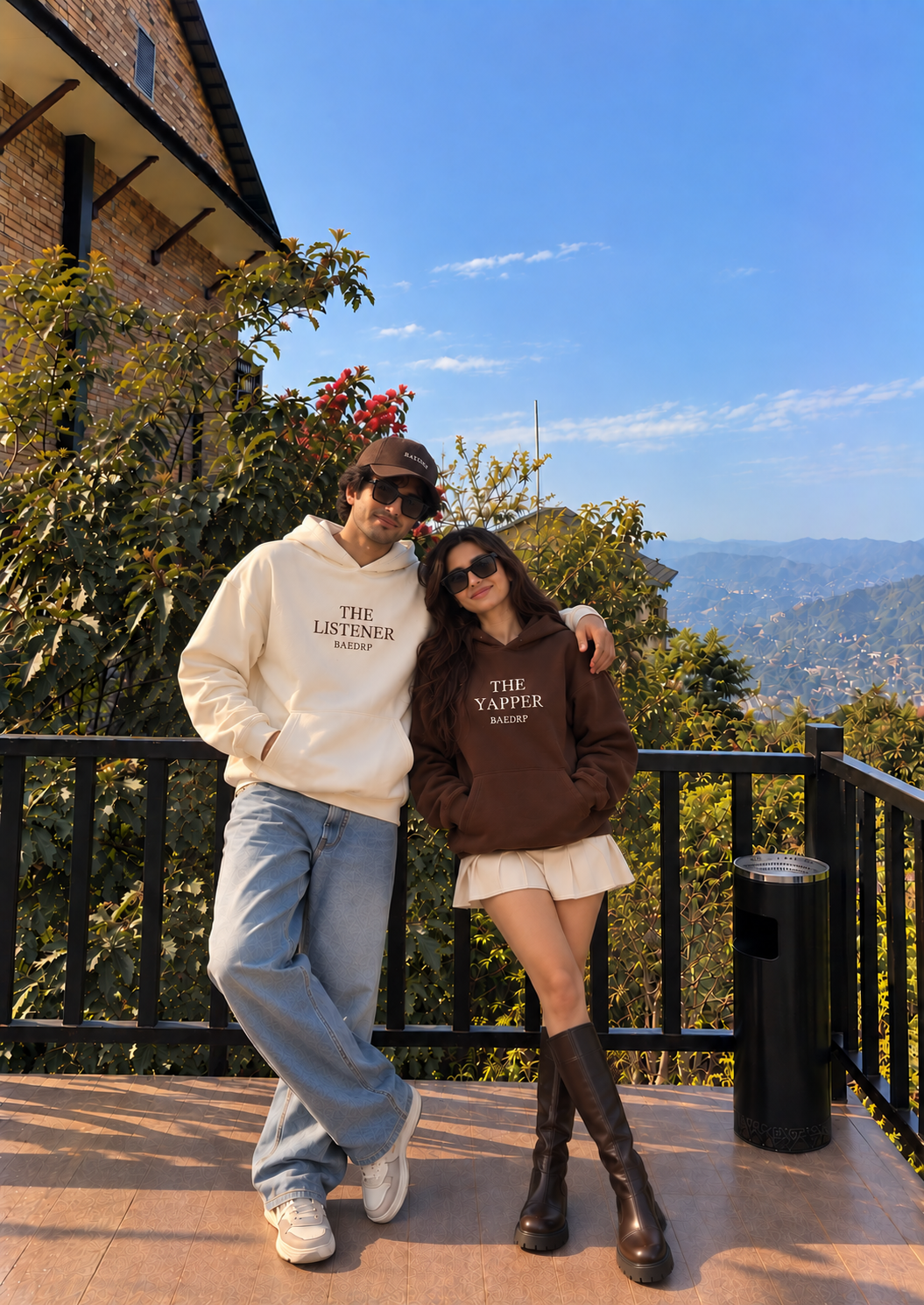 Yapper and Listener Brown Beige Couple Hoodies