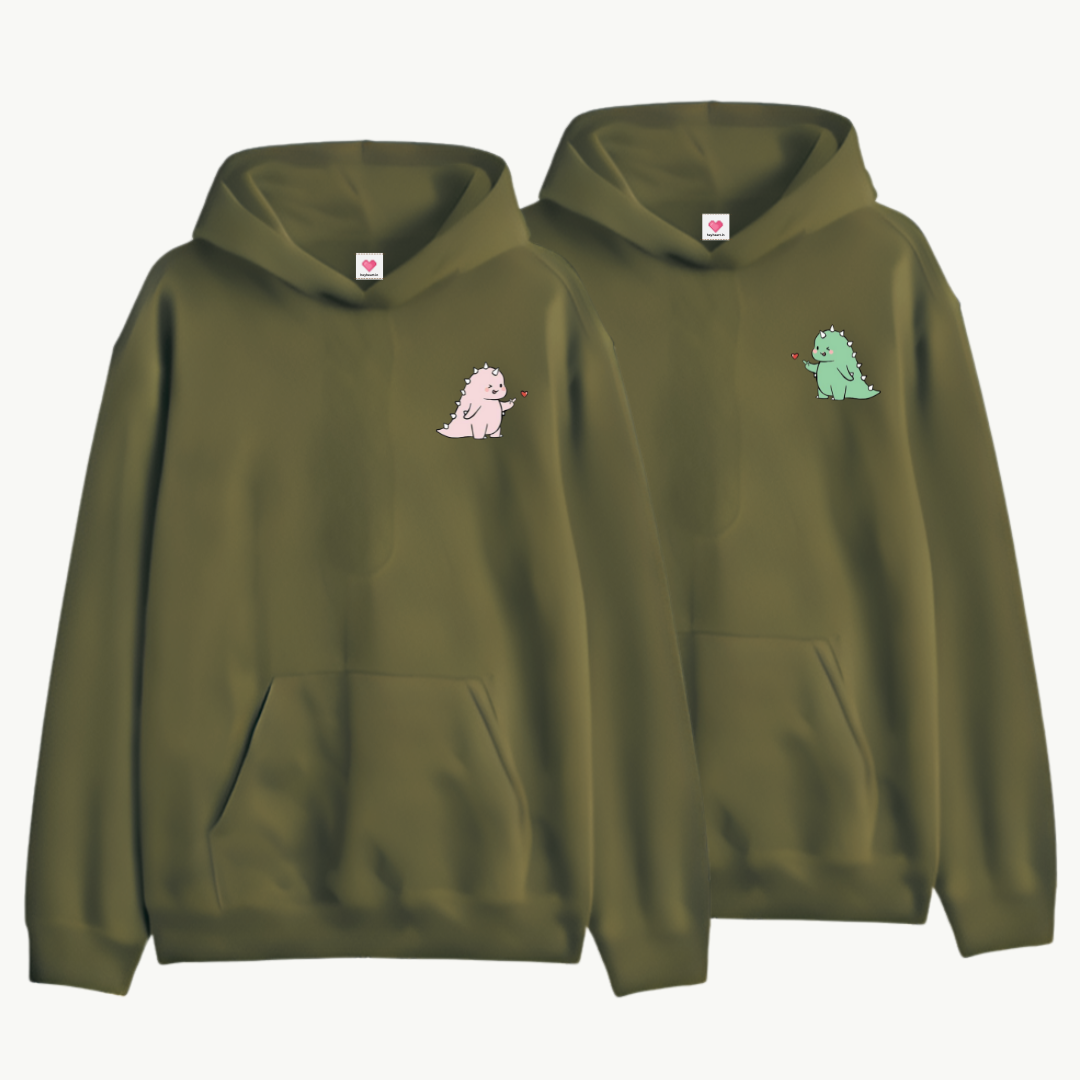 2-Pack Olive Green Cute Dino Couple Hoodies