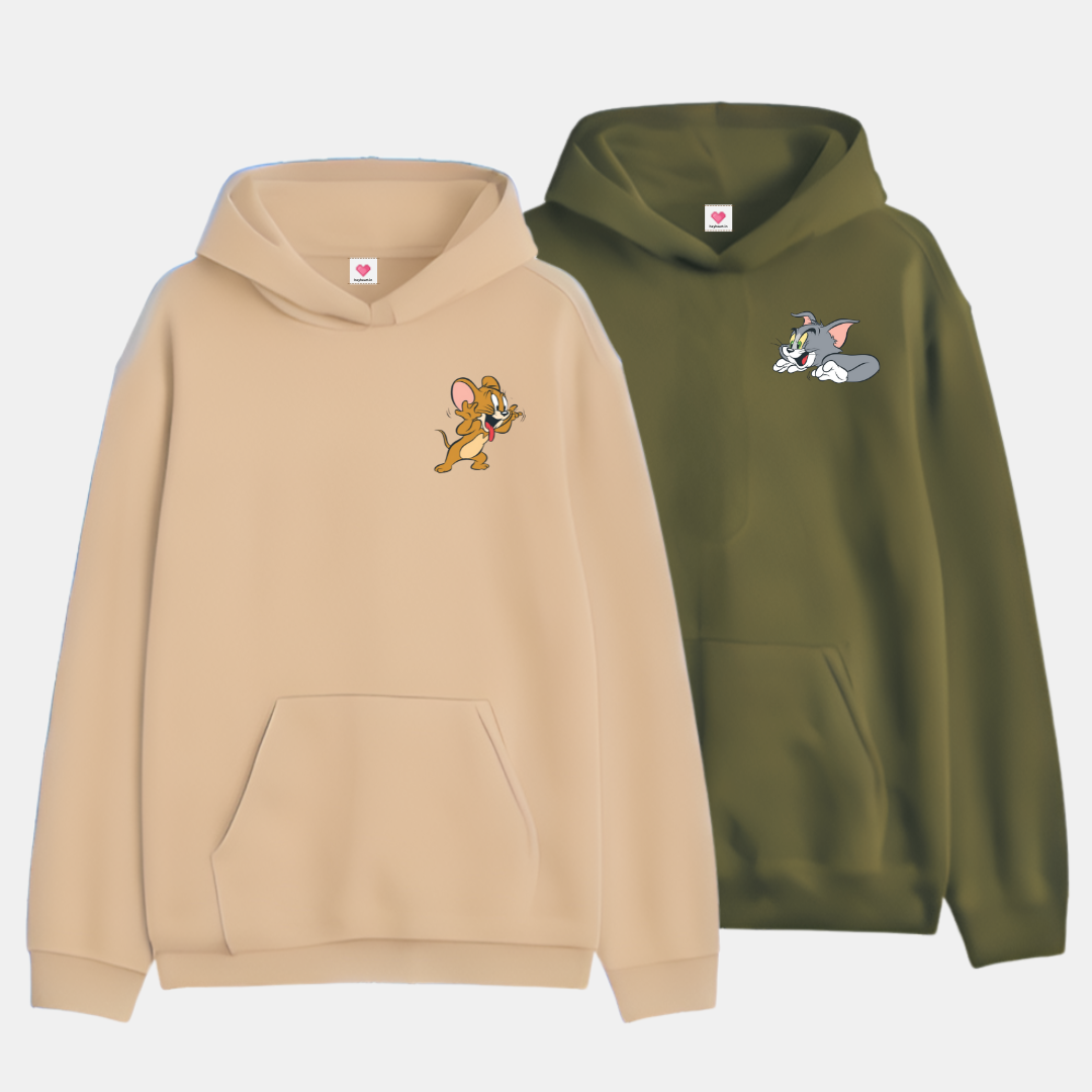 2 Pack : Mocking Jerry & Scaring Tom Olive Green & Beige Couple Hoodies