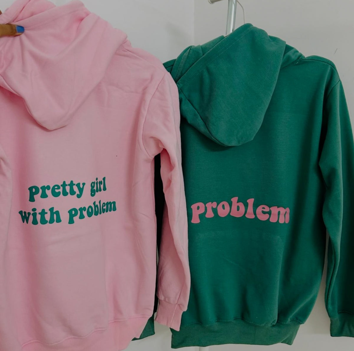 2-Pack Pretty Girl with Problem Sage Green and Beige Couple Hoodies