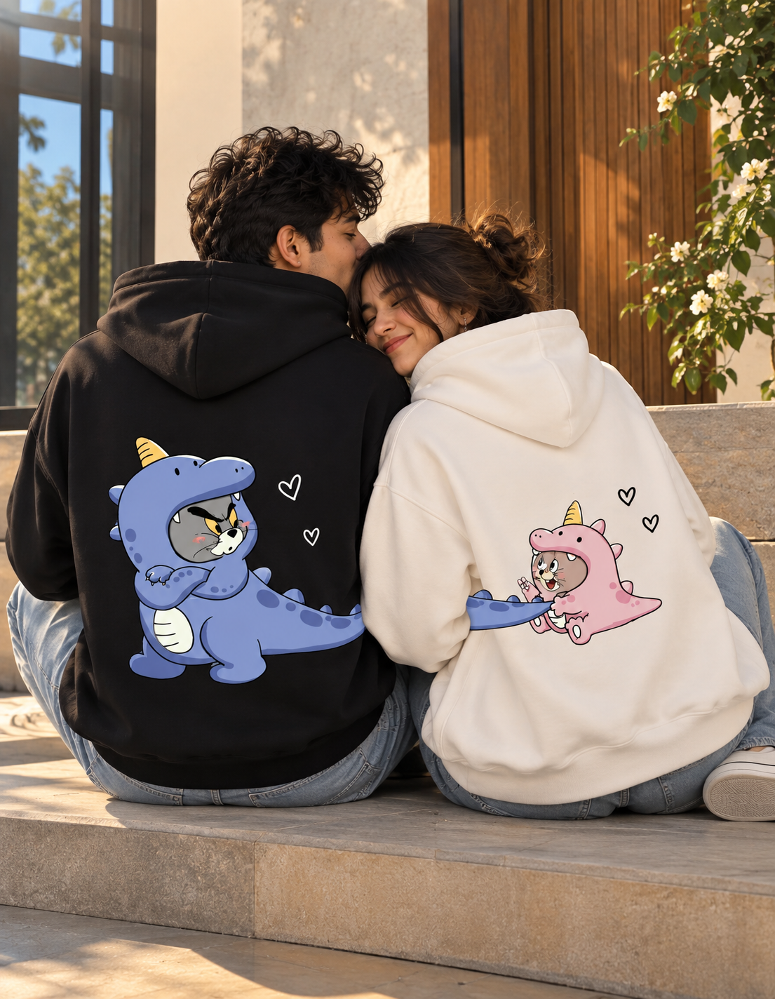 2 Pack : Angry Dino Tom & Happy Dino Jerry Black & White Couple Hoodie