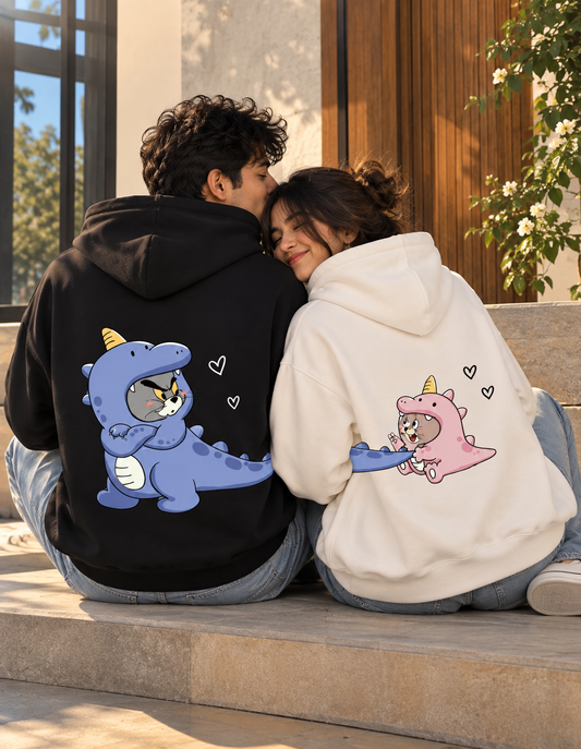 2 Pack : Angry Dino Tom & Happy Dino Jerry Black & White Couple Hoodie