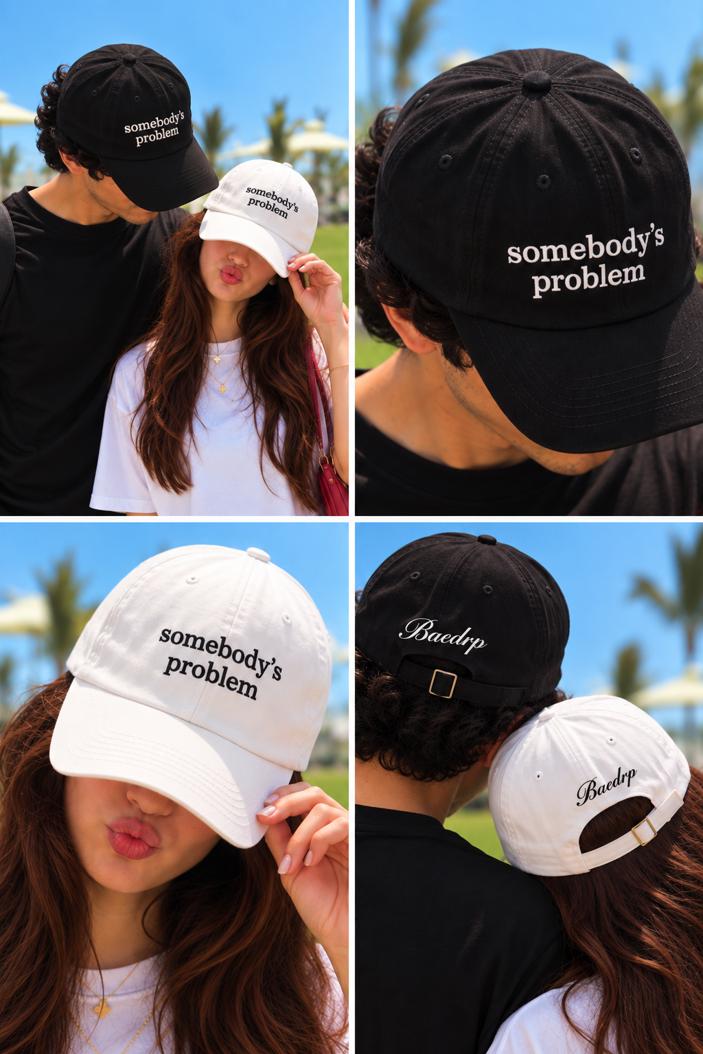 A four-panel collage showing people wearing baseball caps outdoors. Two caps are black and two are white, both printed with the phrase 'somebody's problem'; one cap also has the word 'Buckley' on the back.