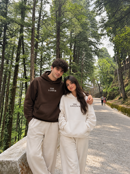 Yapper and Listener Brown White Couple Hoodies