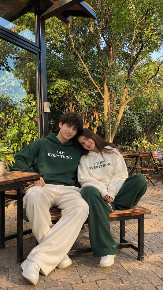 I Love Everything Beige Darkgreen Couple Hoodies