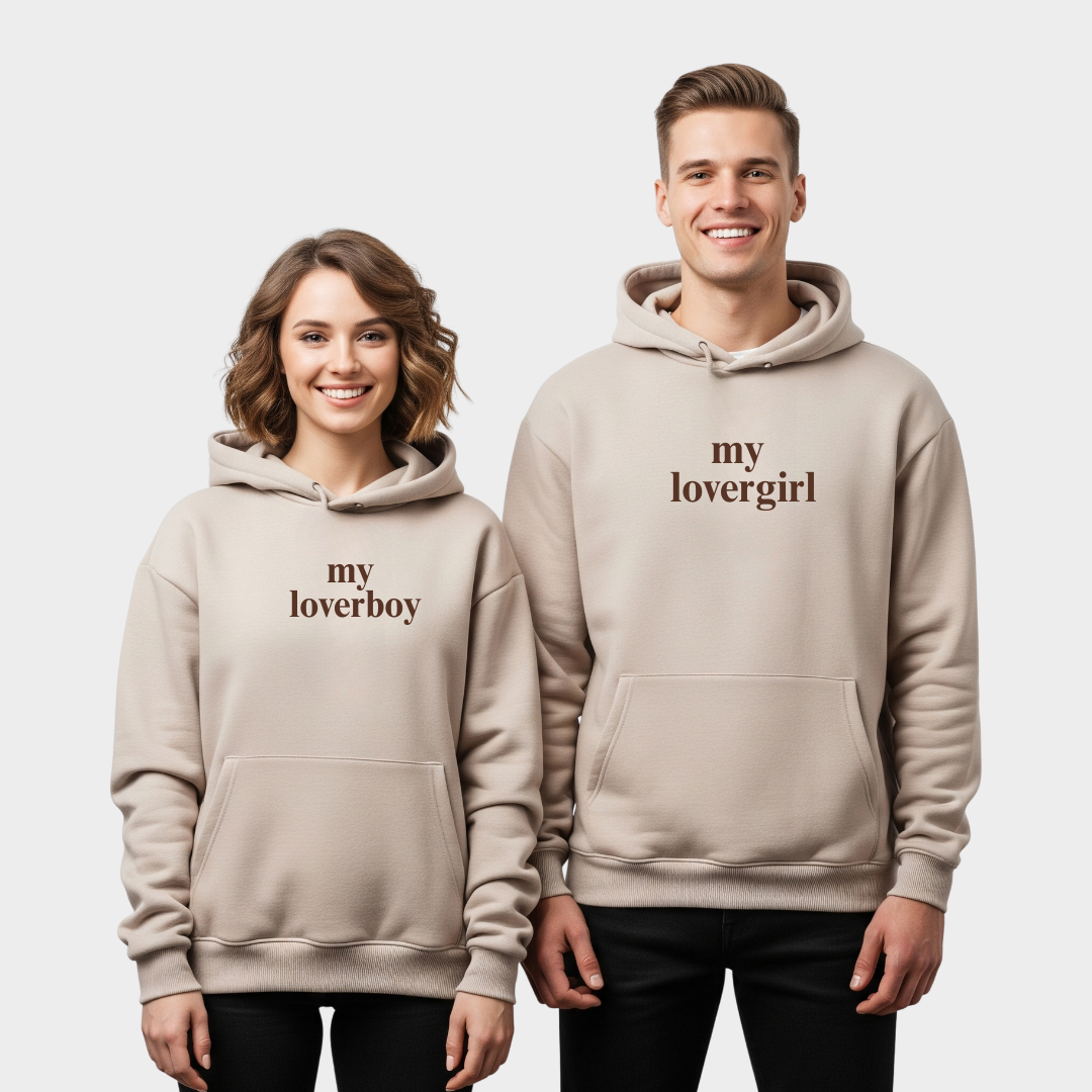 2 Pack : Beige loverboy and lovergirl Couple Hoodies