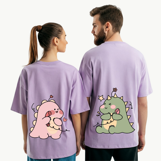 2 Pack : Cute Dino Blushing & Talking on Phone Couple T-Shirt