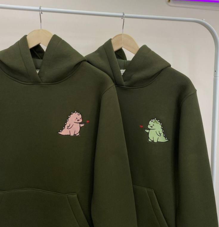 2-Pack Olive Green Cute Dino Couple Hoodies