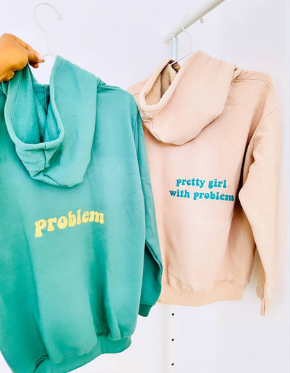 2-Pack Pretty Girl with Problem Sage Green and Beige Couple Hoodies
