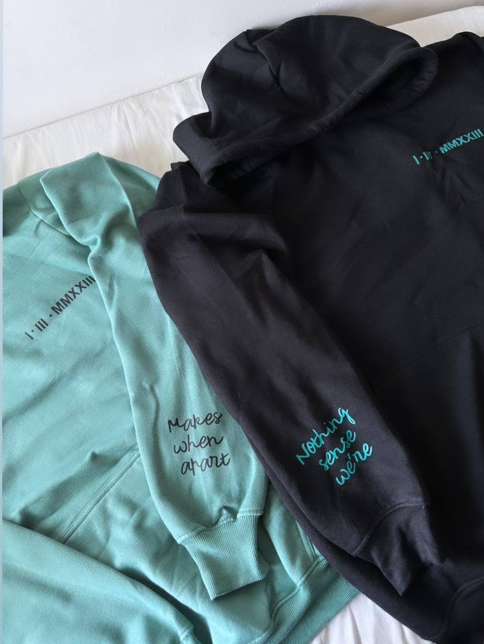 2-Pack Nothing Makes Sense When Apart Black and Sage Green Couple Hoodies