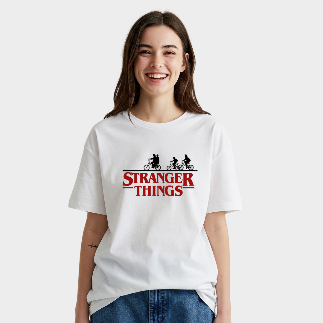 Stranger Things Riding Printed White T-Shirt