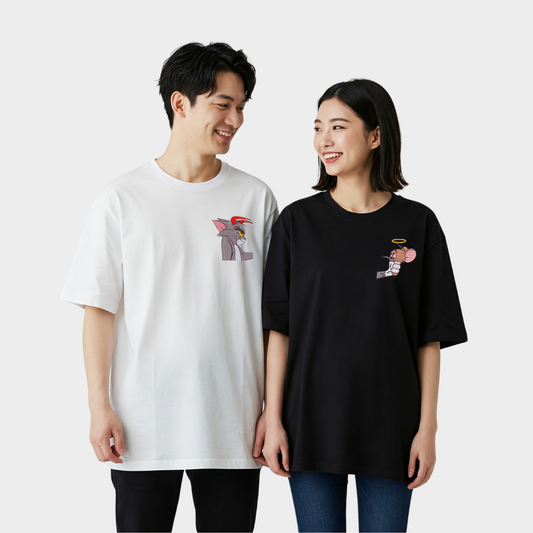 2 Pack : Devil Tom & Angel Jerry Black White Couple T-Shirt