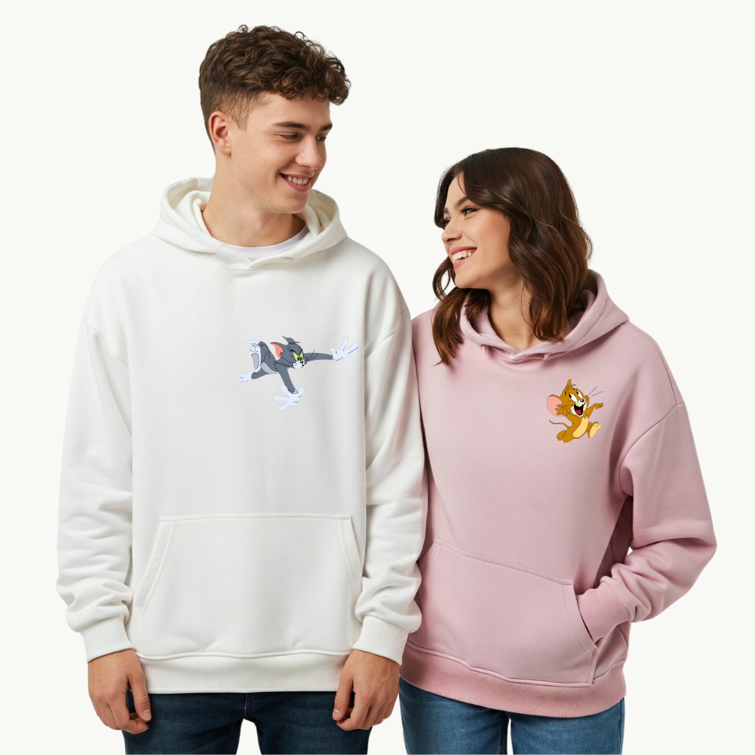 2 Pack : Tom Catching Jerry White & Pink Couple Hoodie